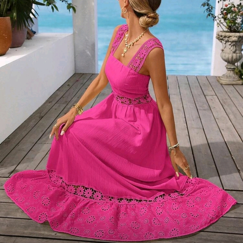 Boho Eyelet Lace Hollow Out Cami Tank Top Maxi Dress PINK
